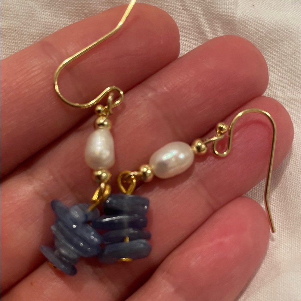 Elegant Gold and kyanite natural stone  Blue Beaded fresh water pearl Earrings